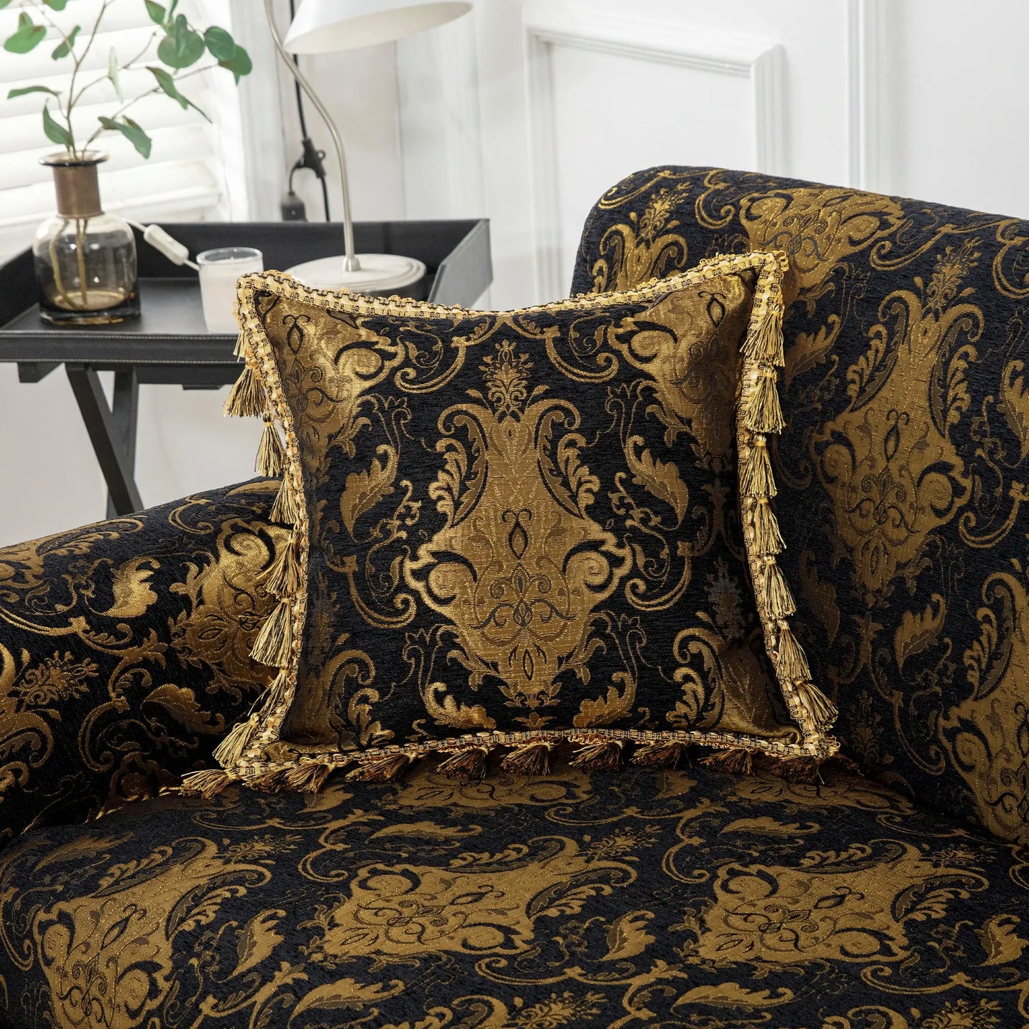 Black Florence Damask Sofa Cover