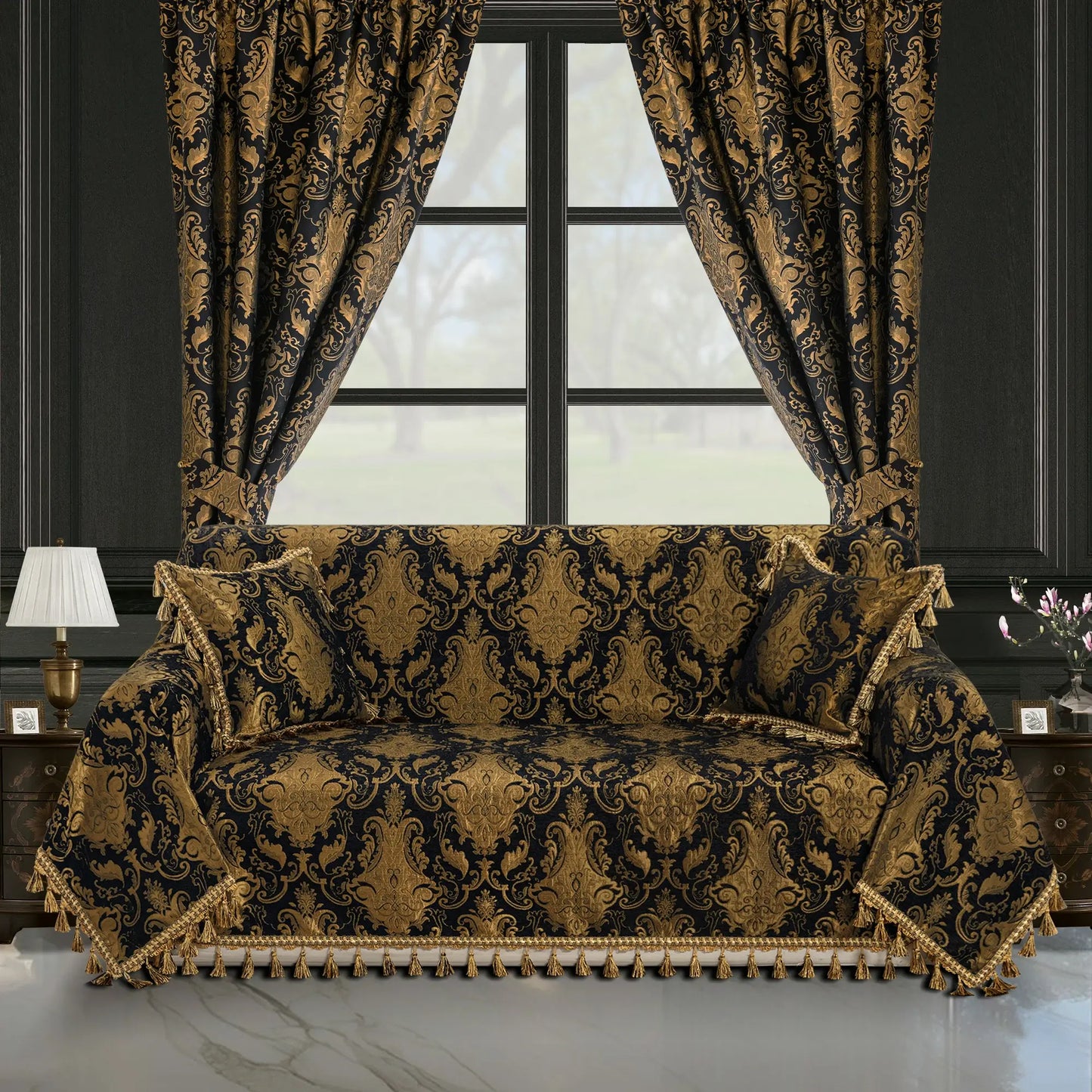 Black Florence Damask Sofa Cover