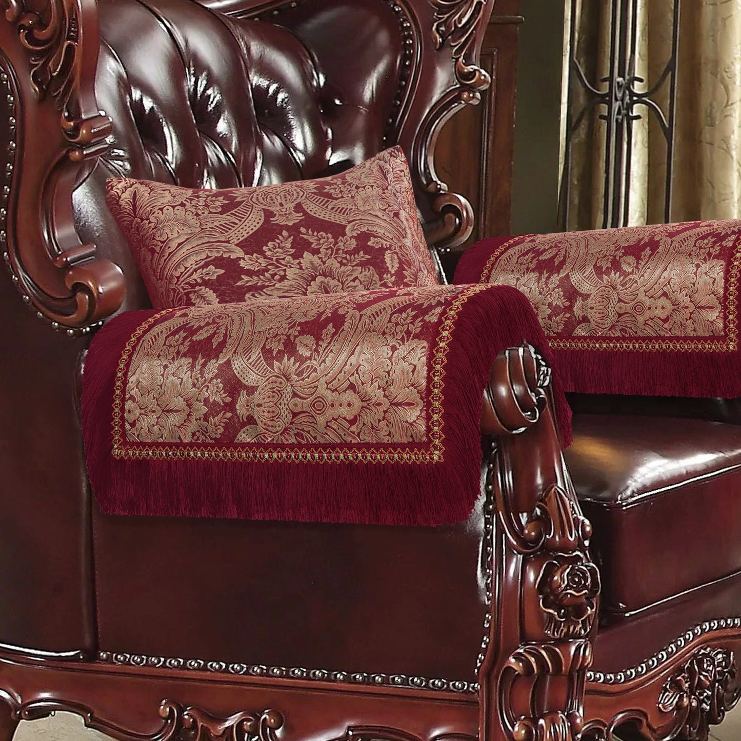 Red Noble Damask Armrest Covers