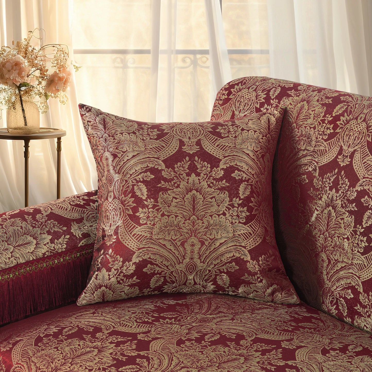 Red Noble Damask Armrest Covers